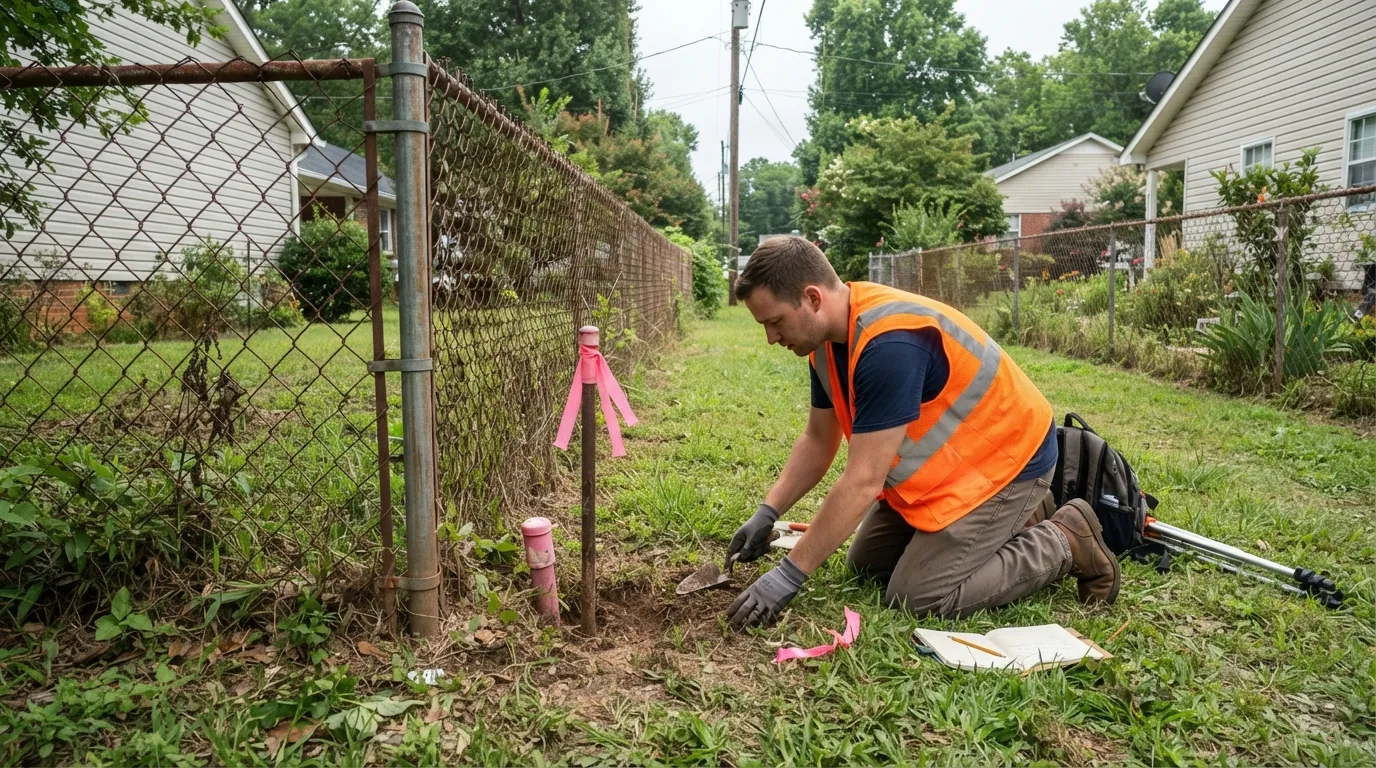 A land surveyor kneeling beside a chain-link fence between two backyards, uncovering a flagged property corner marker with a trowel, a field book in the grass beside him.