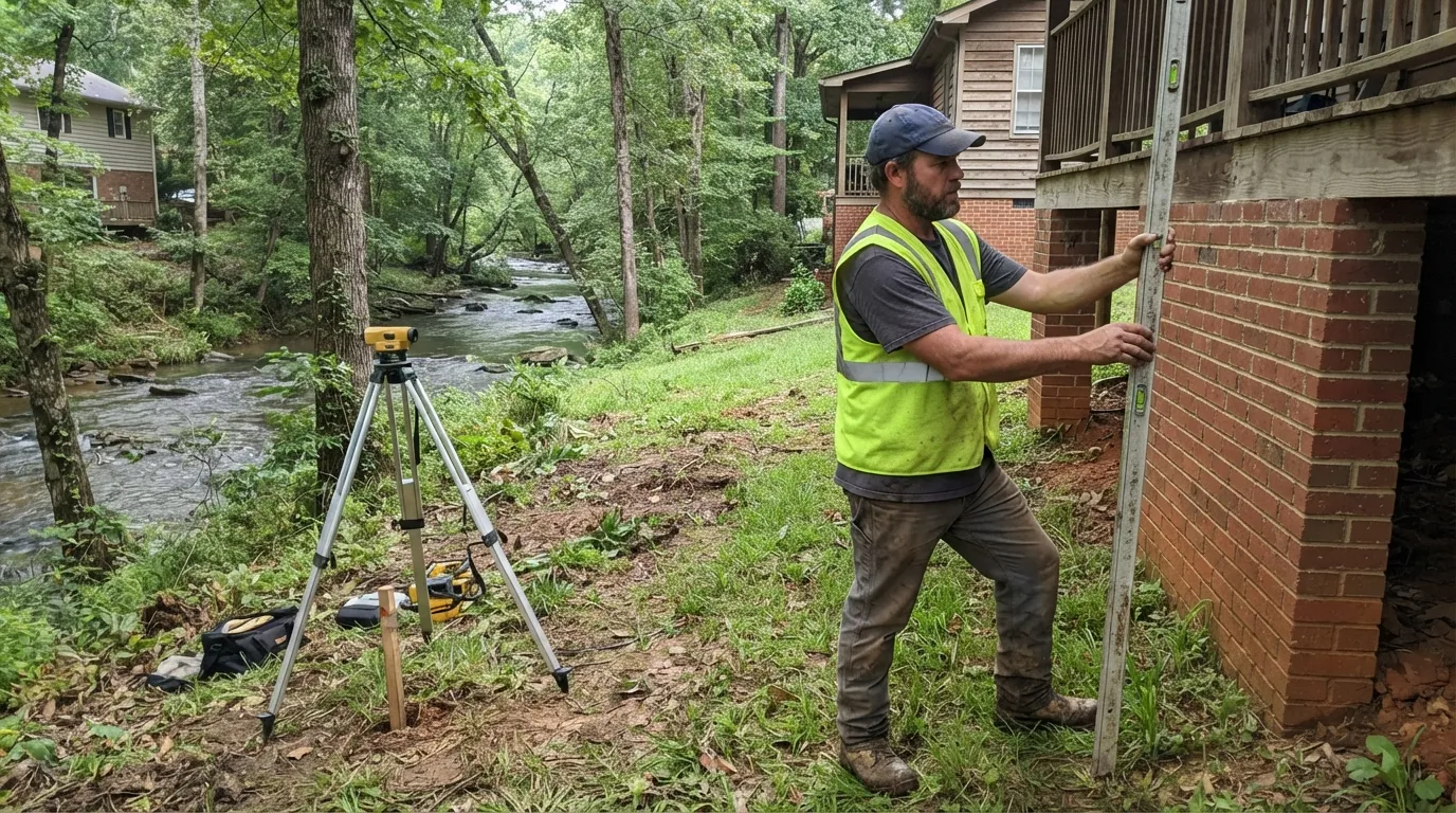 A land surveyor holding a leveling rod against the brick foundation of a raised house beside a wooded creek, with a digital level set up on a tripod nearby.
